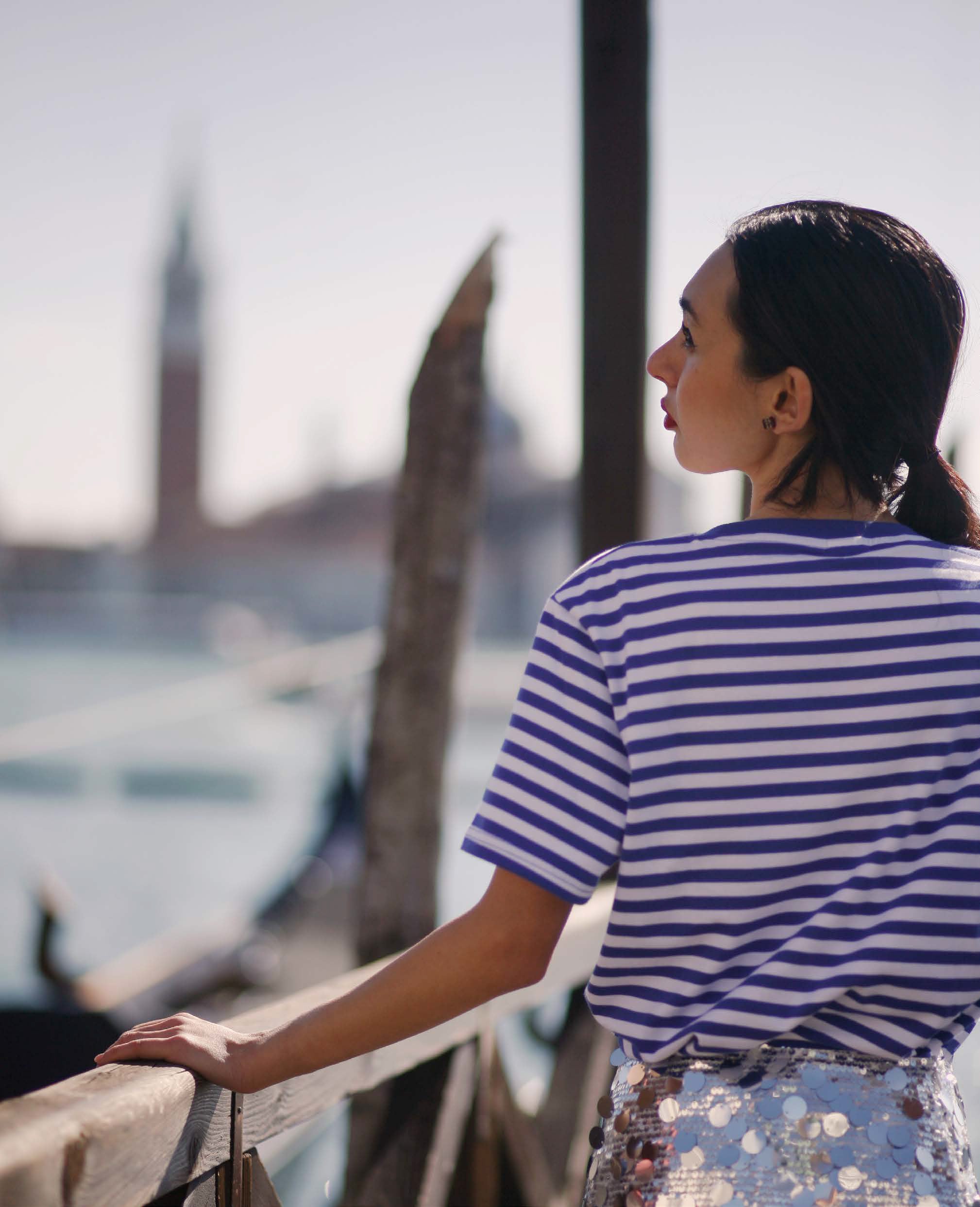 Model wearing a the Blue Rialto T-Shirt